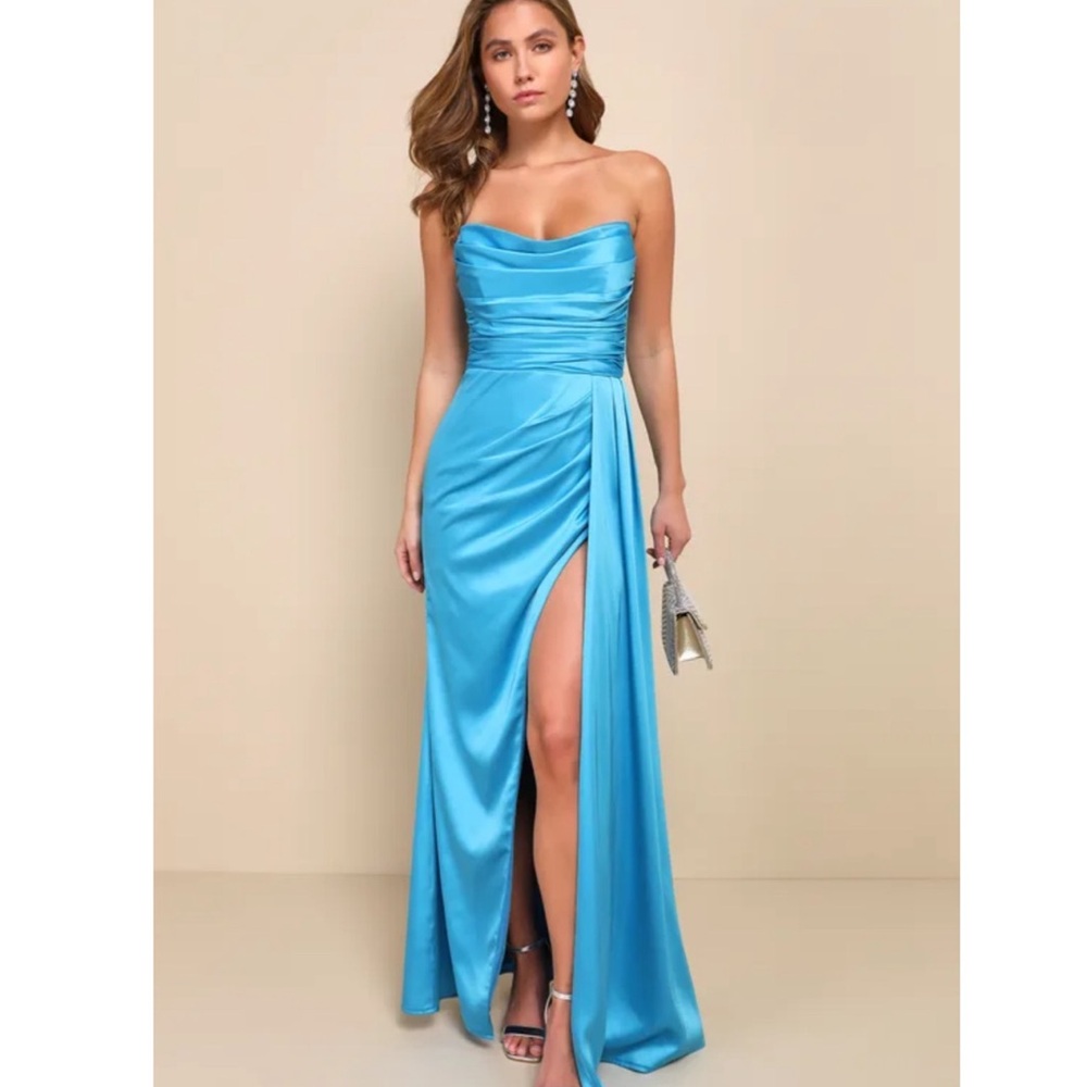 Lulu's Strapless Satin Prom Dress in Bright Aqua Blue - Picture 8 of 8